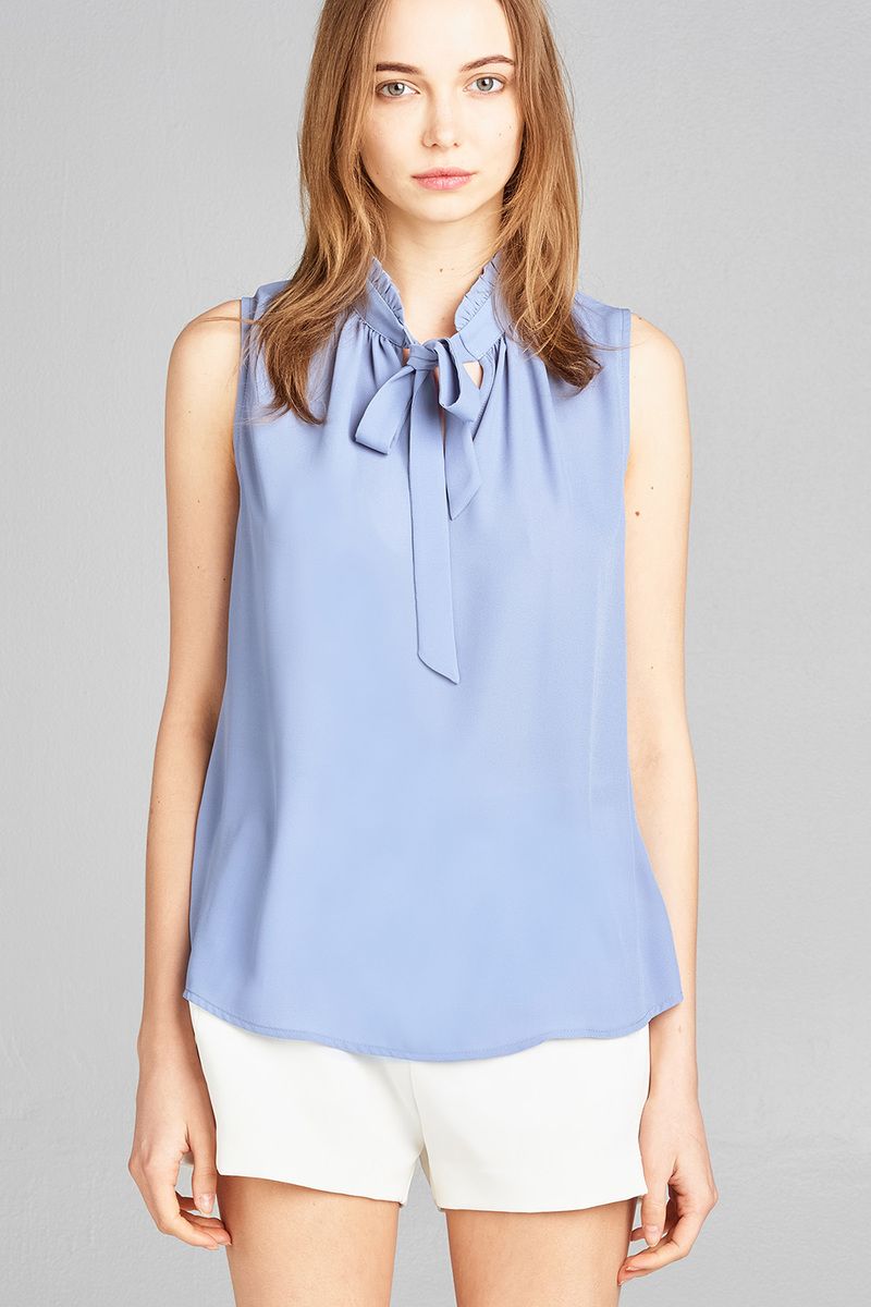 Ladies fashion sleeveless ruffle neck w/self-tie wool dobby woven top