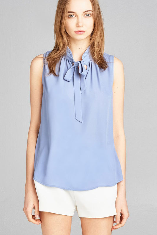 Ladies fashion sleeveless ruffle neck w/self-tie wool dobby woven top