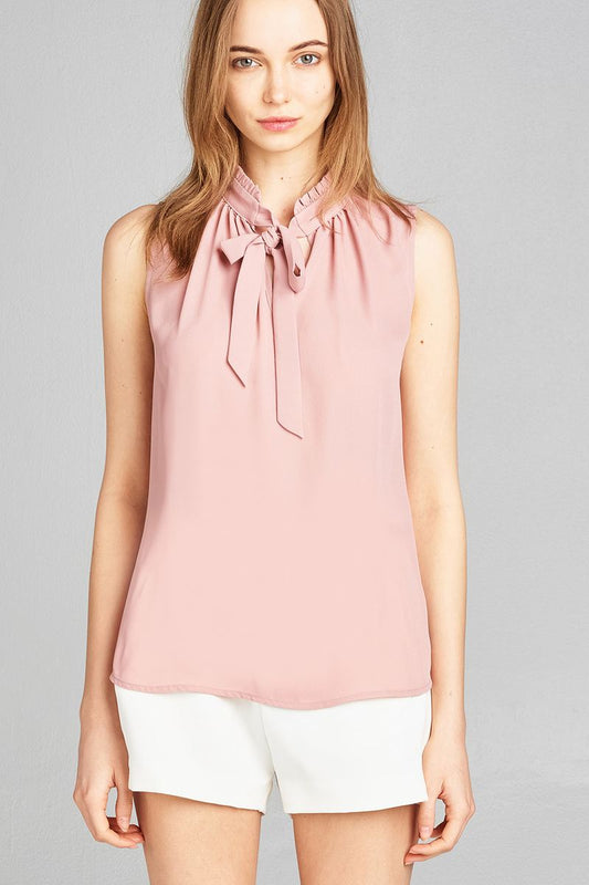 Ladies fashion sleeveless ruffle neck w/self-tie wool dobby woven top