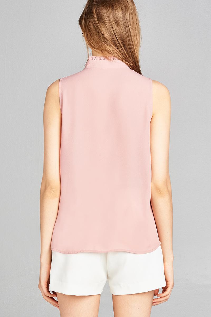 Ladies fashion sleeveless ruffle neck w/self-tie wool dobby woven top