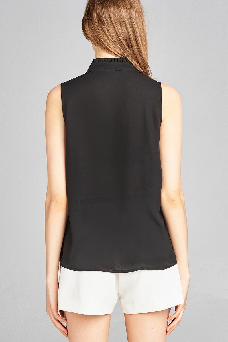 Ladies fashion sleeveless ruffle neck w/self-tie wool dobby woven top