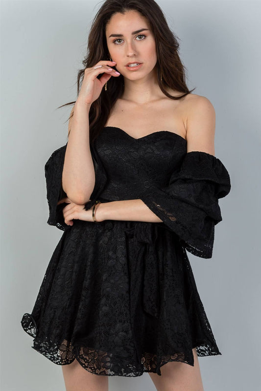 Ladies fashion flounce-hem off the shoulder lace mini dress