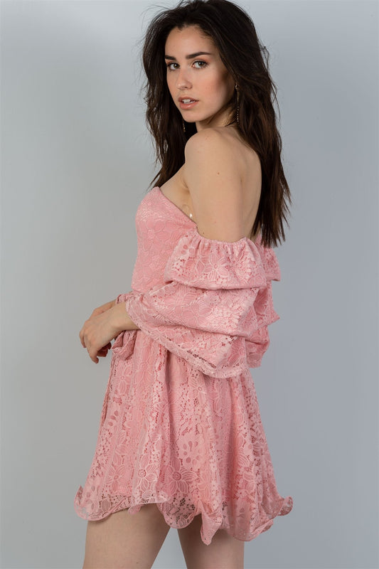 Ladies fashion flounce-hem off the shoulder lace mini dress