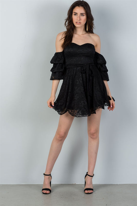 Ladies fashion flounce-hem off the shoulder lace mini dress