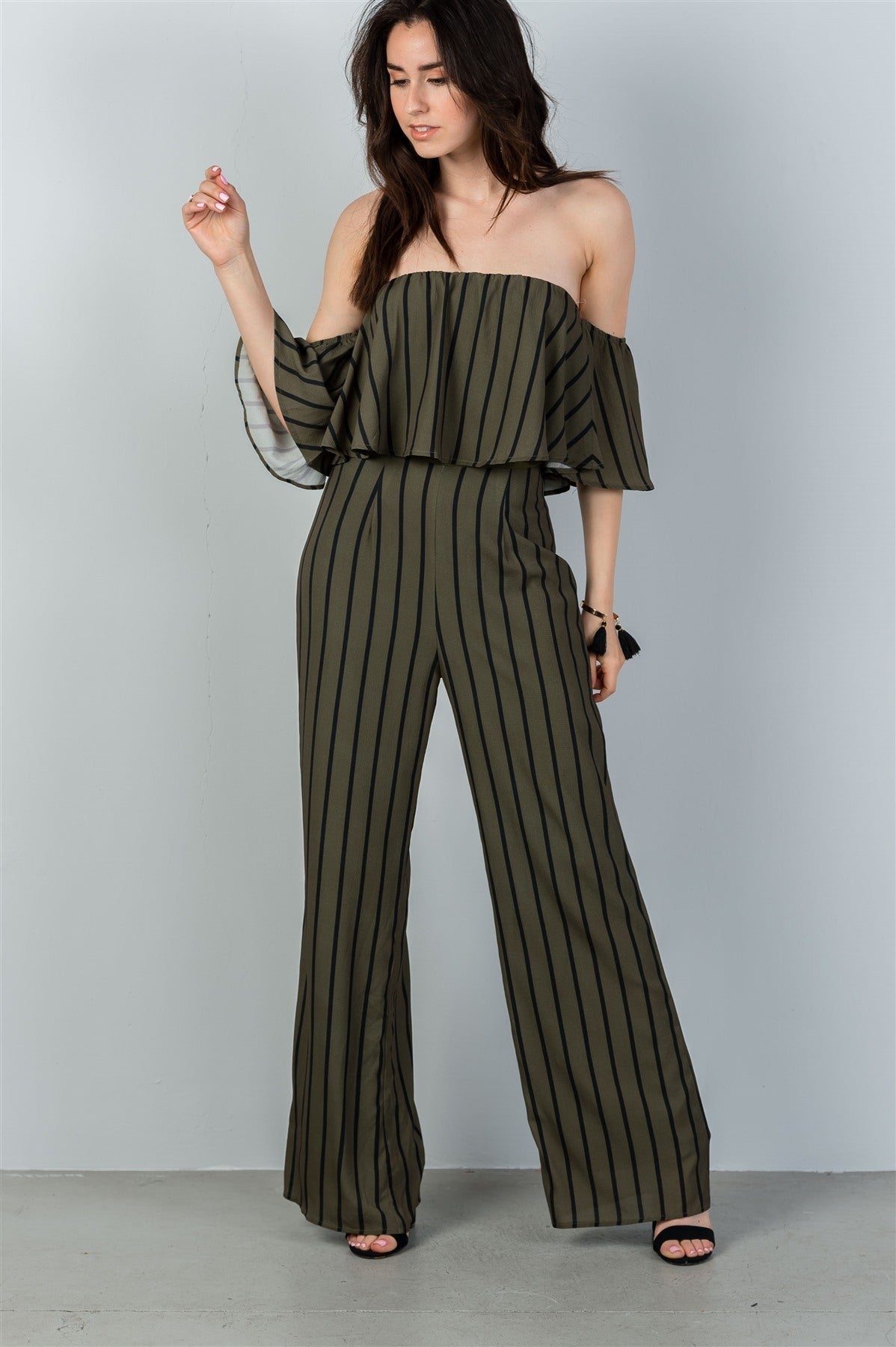 Ladies fashion  olive & black off shoulder stripe wide leg jumpsuit