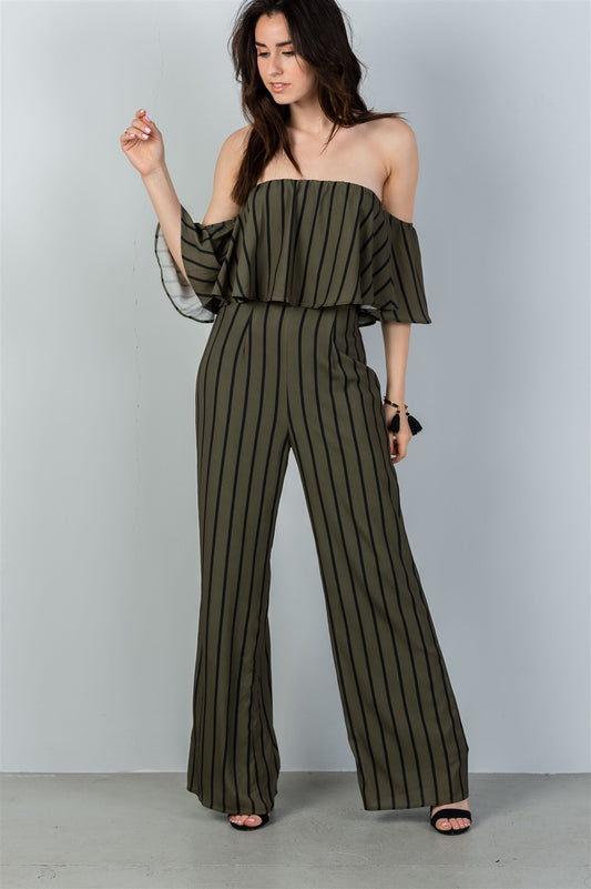 Ladies fashion  olive & black off shoulder stripe wide leg jumpsuit