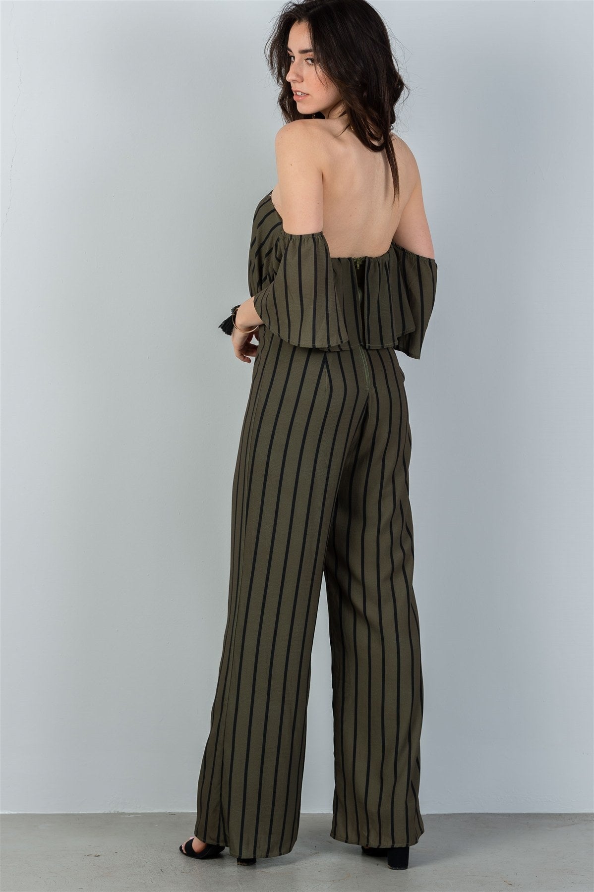 Ladies fashion  olive & black off shoulder stripe wide leg jumpsuit