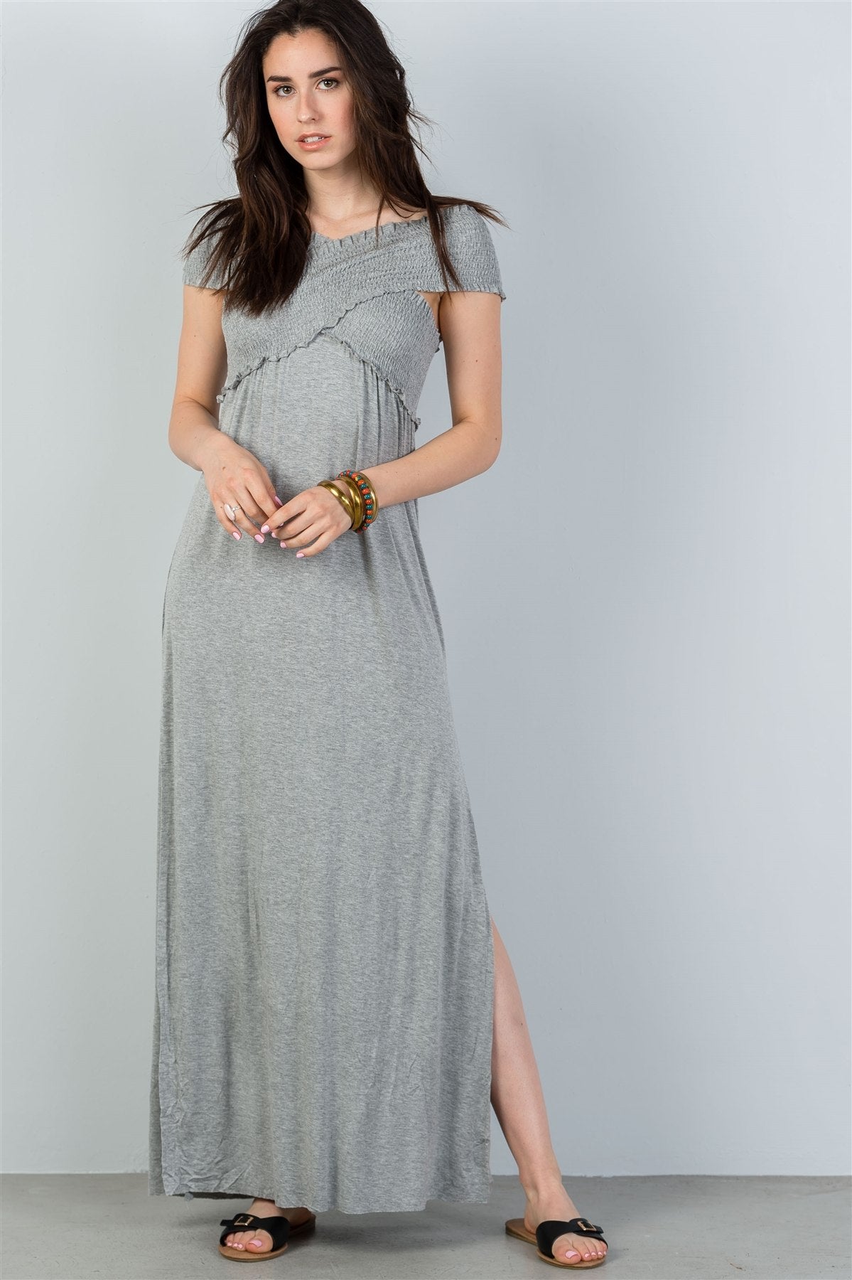 Ladies fashion grey off the shoulder shirred double side slits maxi dress