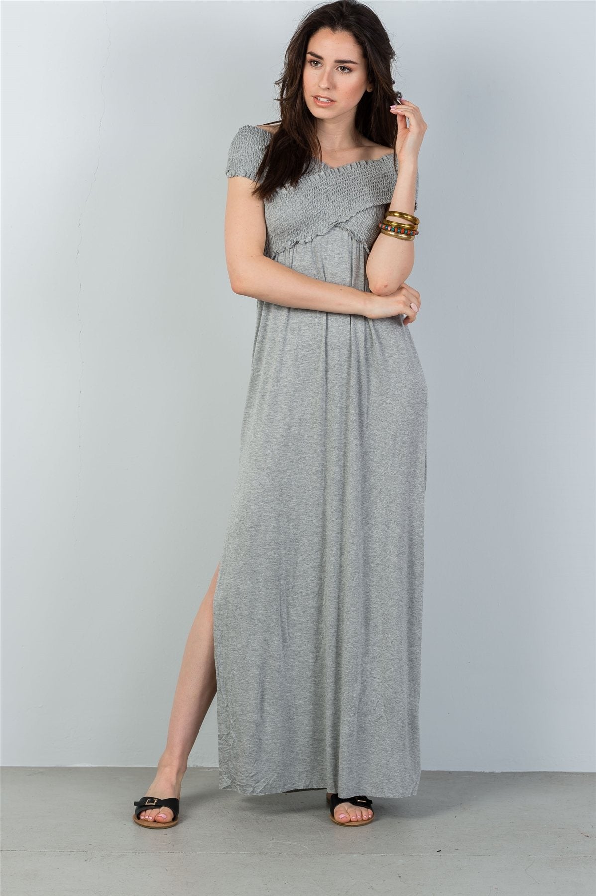 Ladies fashion grey off the shoulder shirred double side slits maxi dress