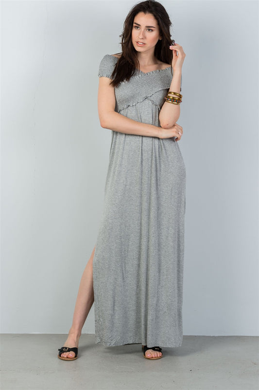 Ladies fashion grey off the shoulder shirred double side slits maxi dress
