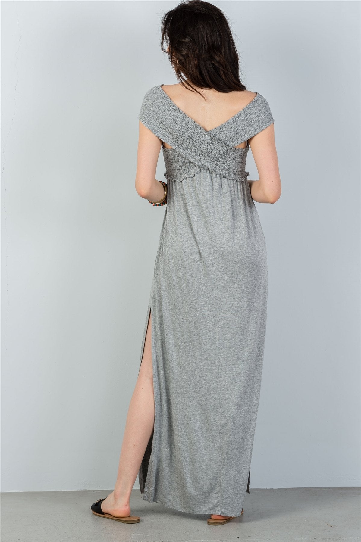 Ladies fashion grey off the shoulder shirred double side slits maxi dress