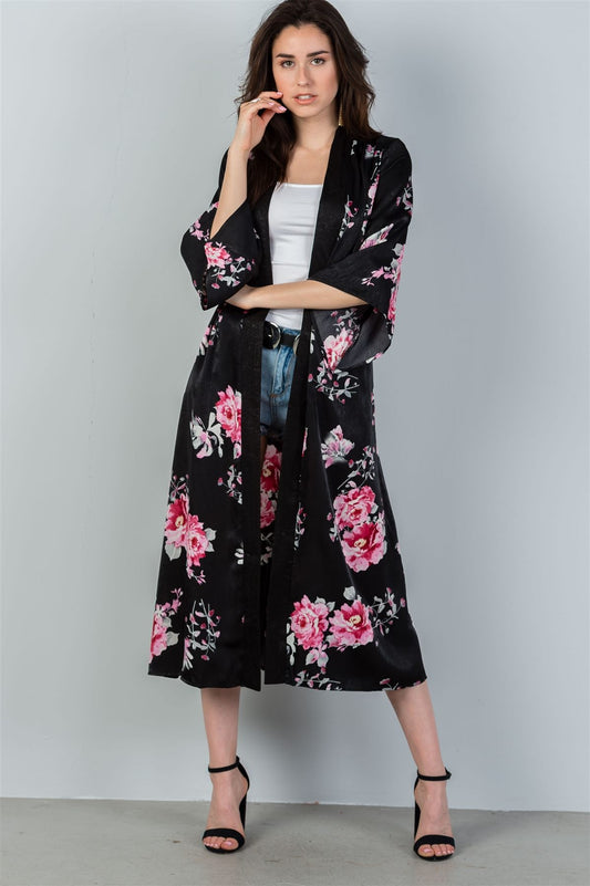 Ladies fashion black & pink floral print kimono-robe