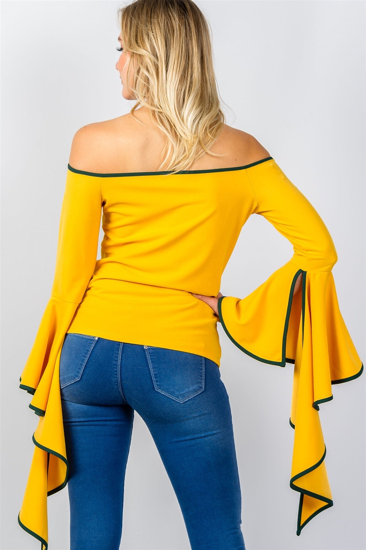 Ladies fashion contrast trim flared sleeve bardot top