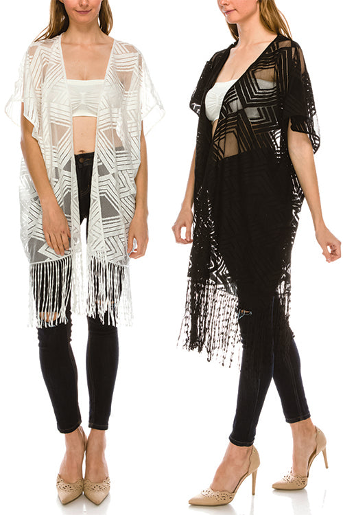 Pattern sheer fringe hem open cardigan