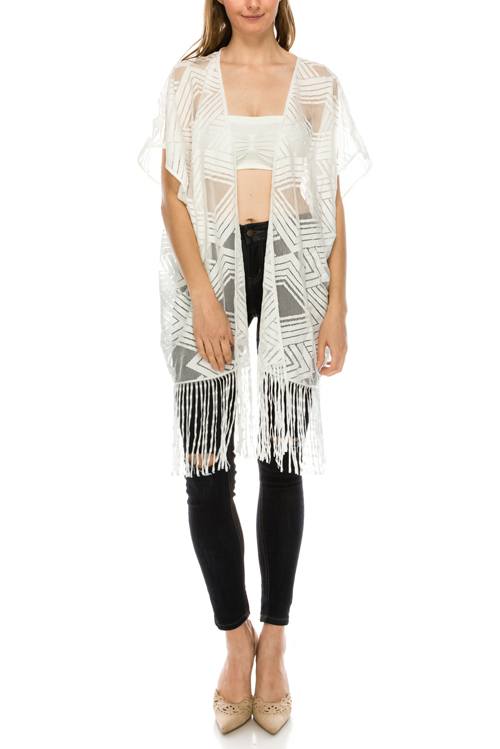 Pattern sheer fringe hem open cardigan