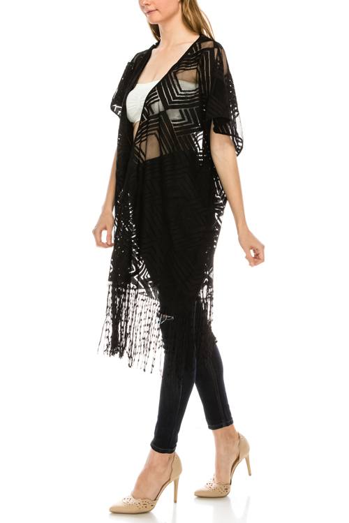 Pattern sheer fringe hem open cardigan