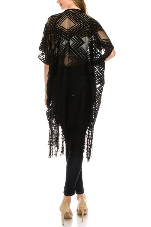 Pattern sheer fringe hem open cardigan
