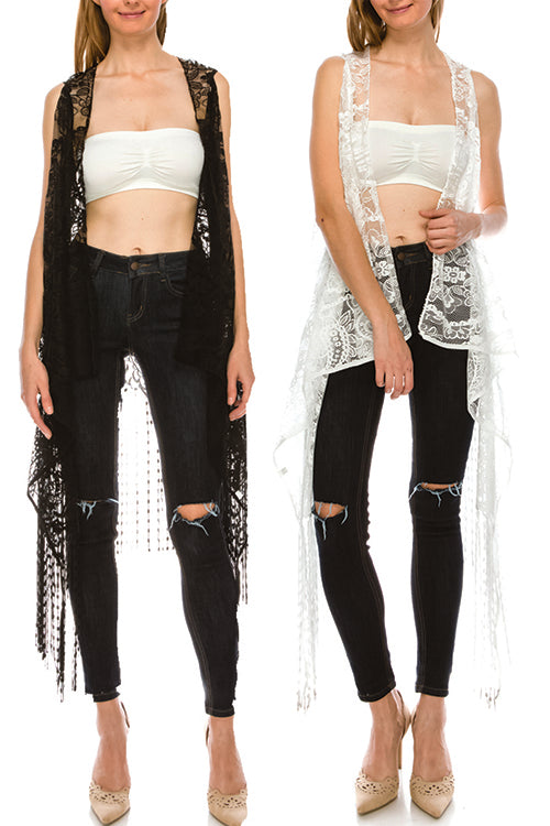 Pattern lace open front fringe hem vest
