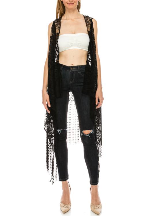 Pattern lace open front fringe hem vest