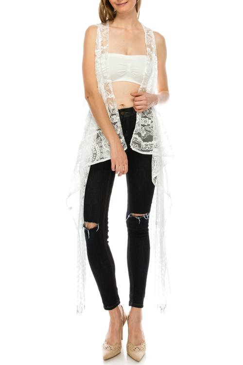 Pattern lace open front fringe hem vest