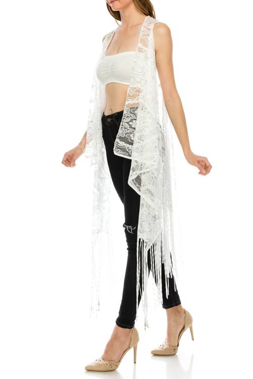 Pattern lace open front fringe hem vest