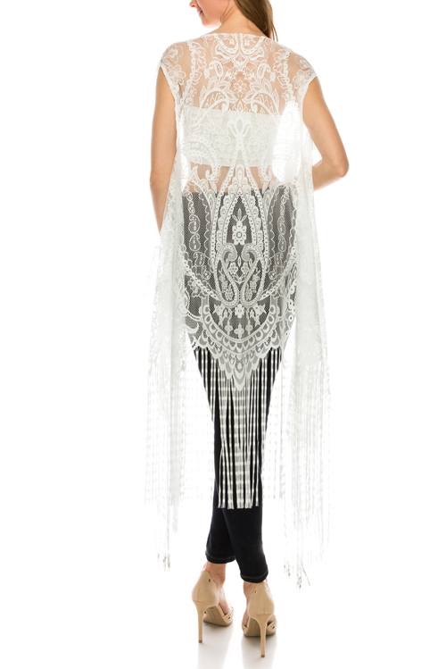 Pattern lace open front fringe hem vest
