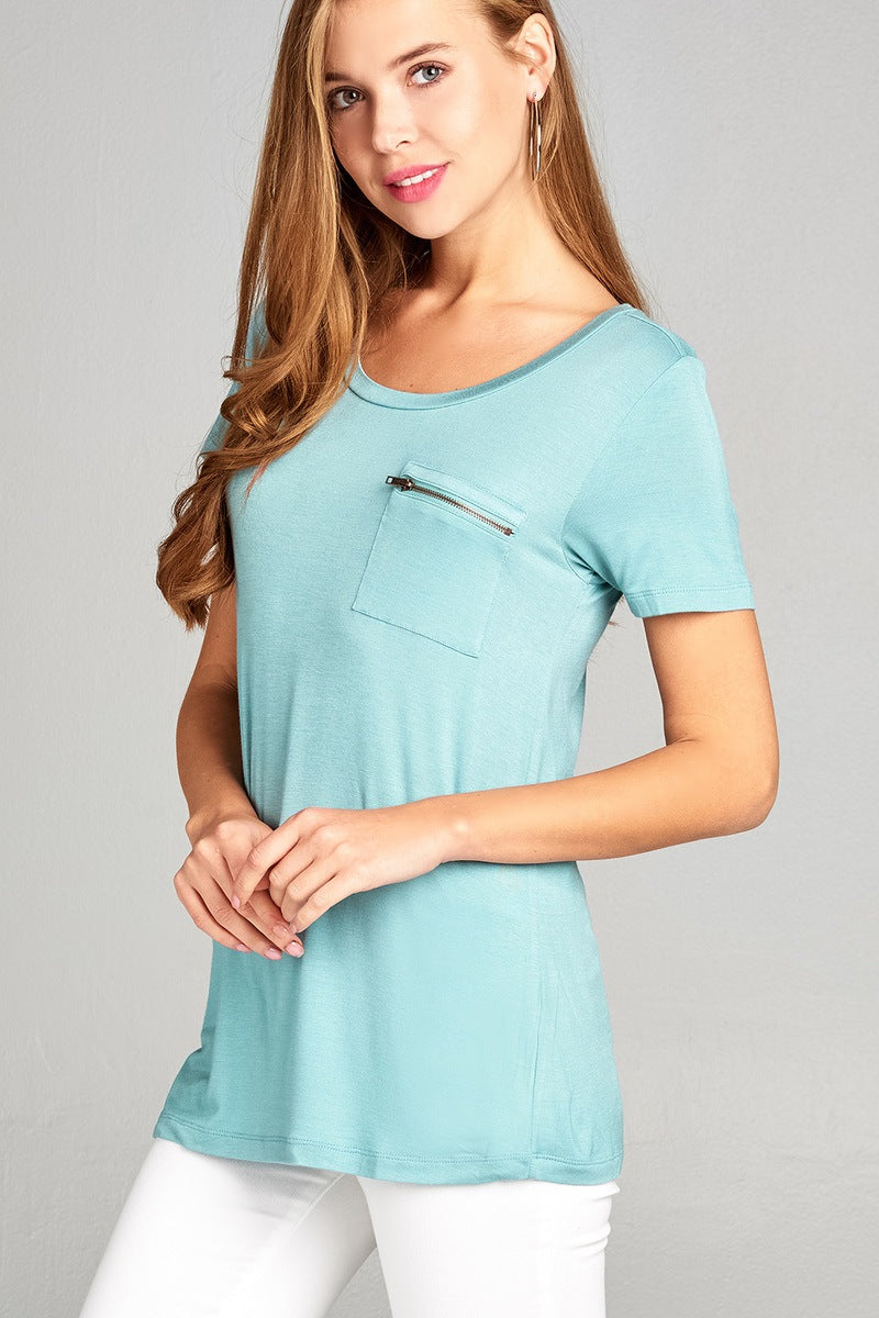 Ladies fashion plus size short sleeve round neck zippered pocket top