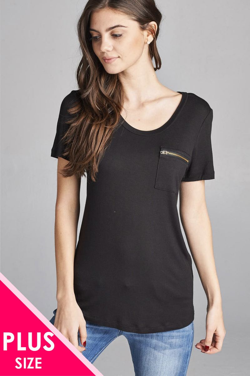 Ladies fashion plus size short sleeve round neck zippered pocket top