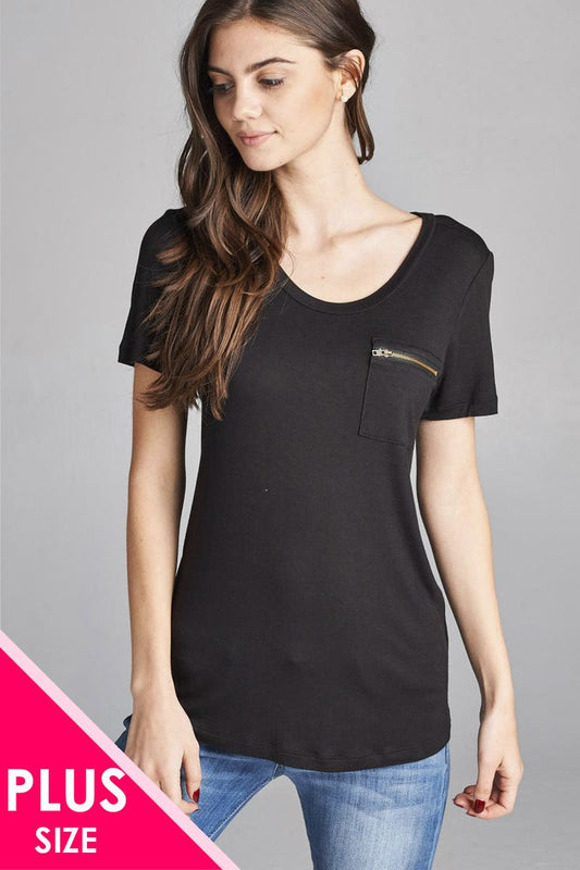 Ladies fashion plus size short sleeve round neck zippered pocket top