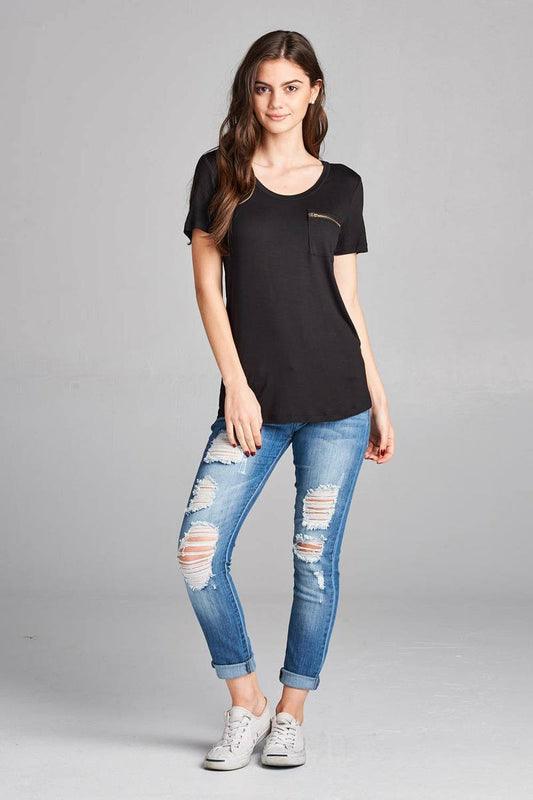 Ladies fashion plus size short sleeve round neck zippered pocket top