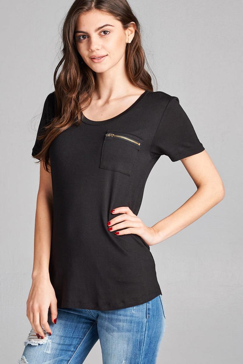 Ladies fashion plus size short sleeve round neck zippered pocket top