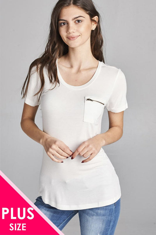 Ladies fashion plus size short sleeve round neck zippered pocket top