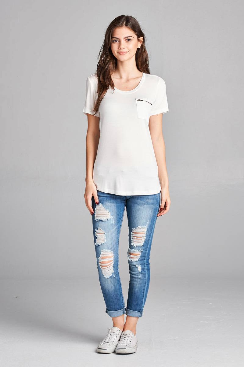 Ladies fashion plus size short sleeve round neck zippered pocket top