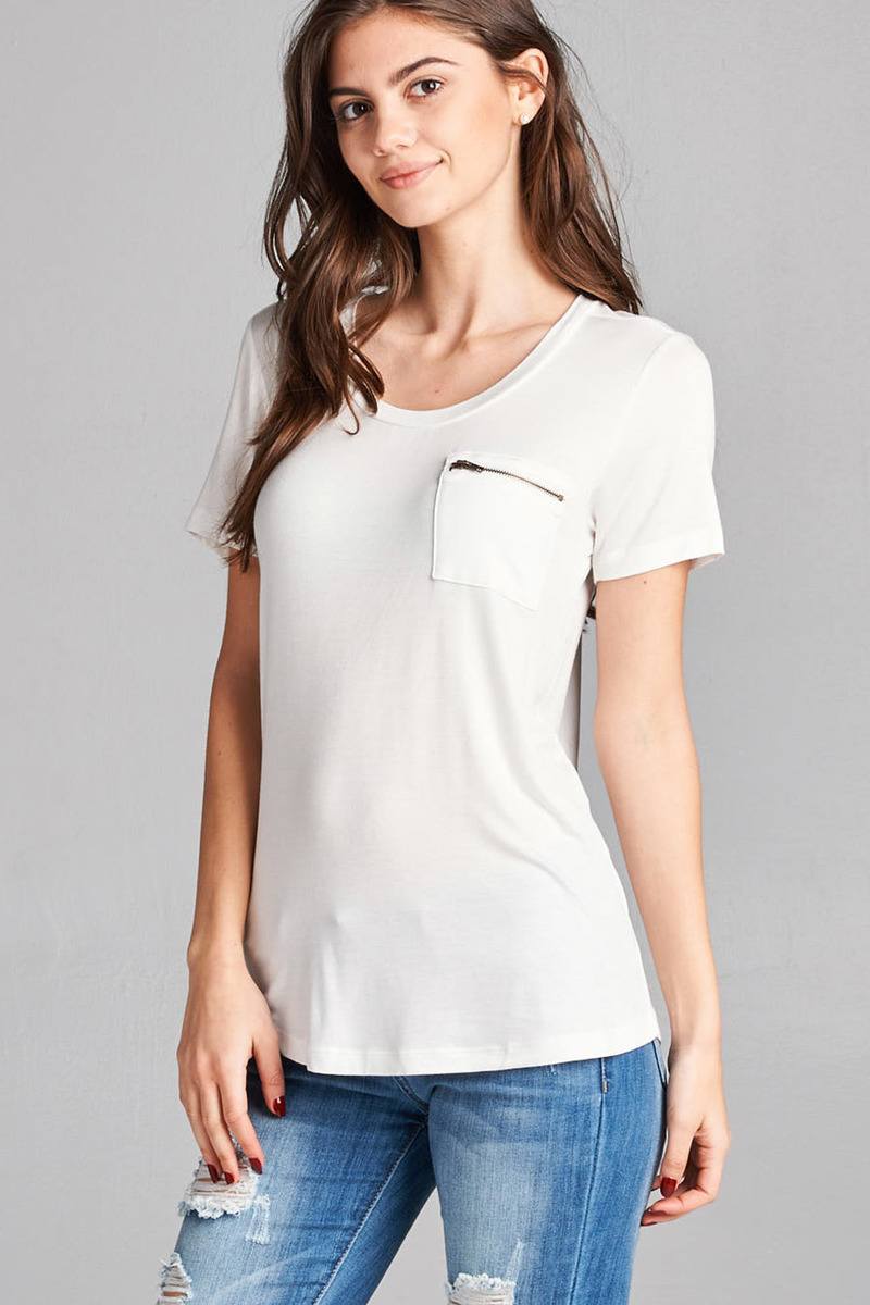 Ladies fashion plus size short sleeve round neck zippered pocket top