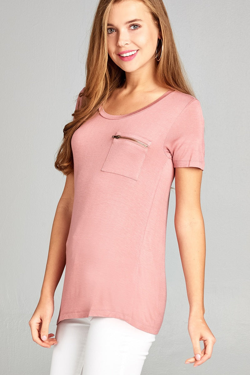 Ladies fashion plus size short sleeve round neck zippered pocket top