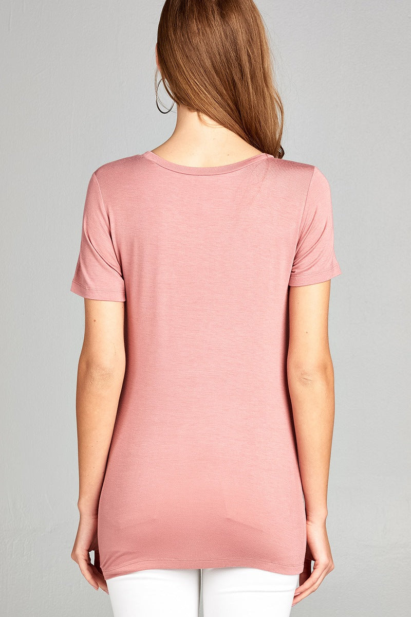Ladies fashion plus size short sleeve round neck zippered pocket top
