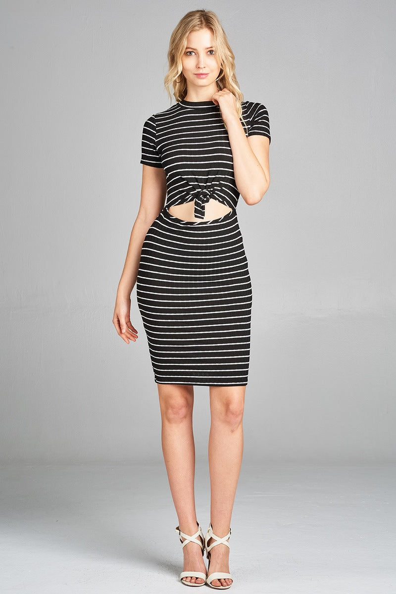 Ladies fashion short sleeve round neck front hold w/self tie stripe ribbed midi dress