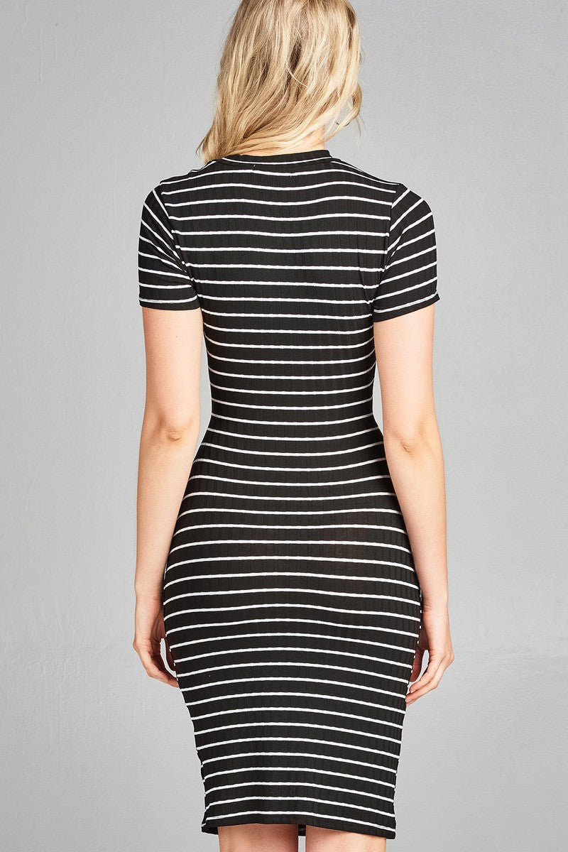 Ladies fashion short sleeve round neck front hold w/self tie stripe ribbed midi dress