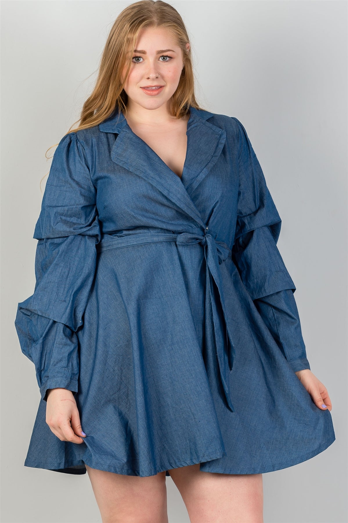 Ladies fashion plus size denim tiered sleeve self tie waist dress