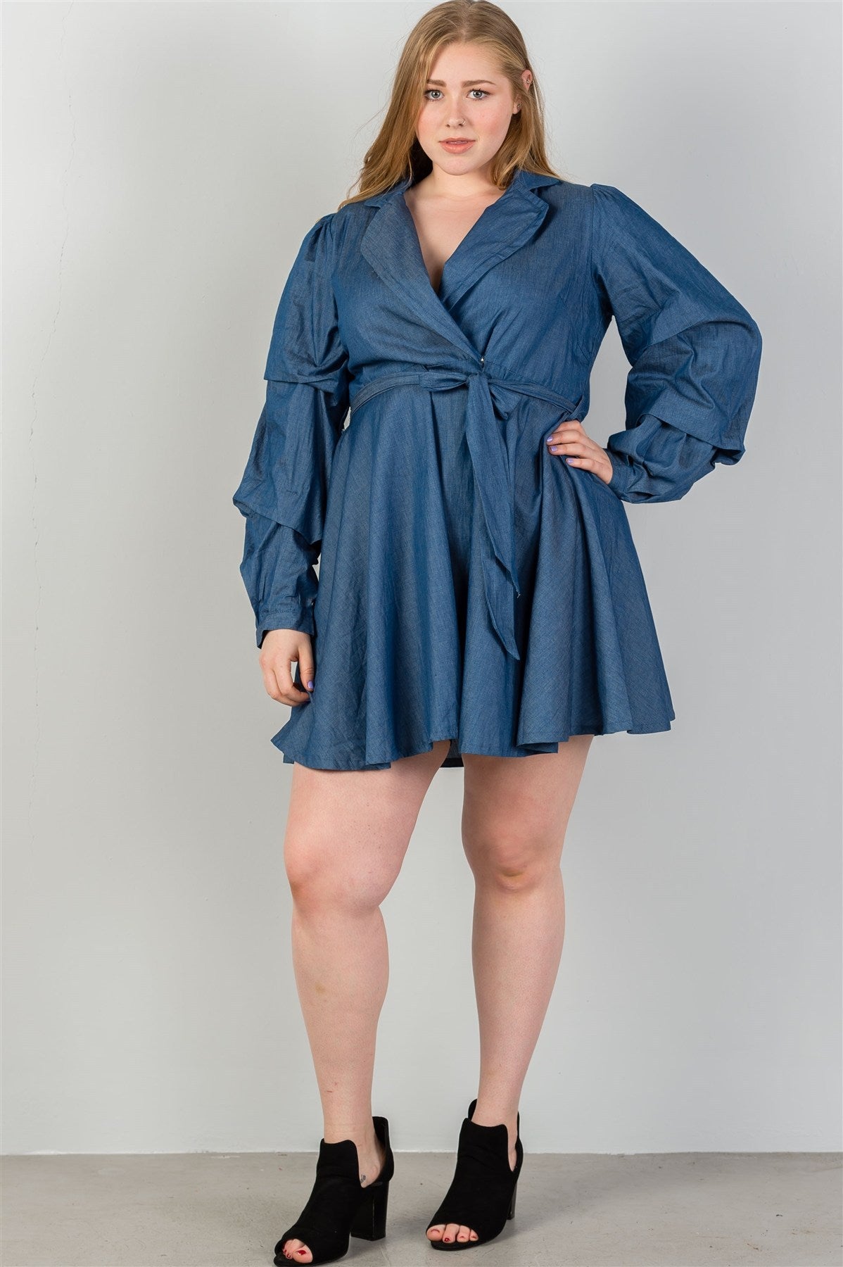 Ladies fashion plus size denim tiered sleeve self tie waist dress