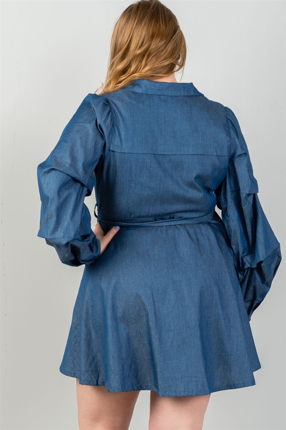 Ladies fashion plus size denim tiered sleeve self tie waist dress
