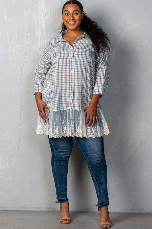 Ladies fashion plus size gingham lace-hem plus size top