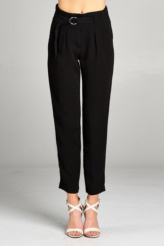 Ladies fashion high rise w/double metal trim belt long leg woven trousers