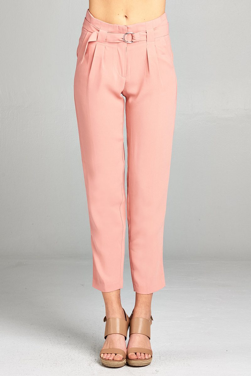 Ladies fashion high rise w/double metal trim belt long leg woven trousers