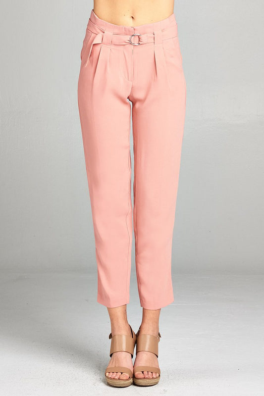 Ladies fashion high rise w/double metal trim belt long leg woven trousers