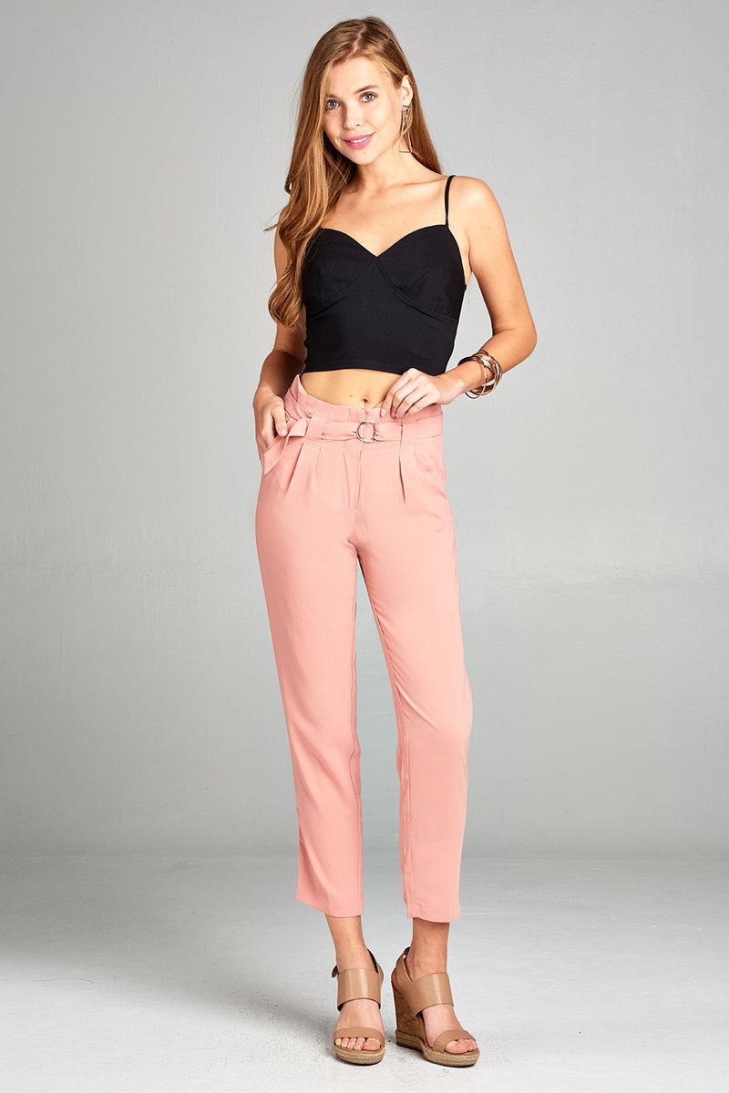 Ladies fashion high rise w/double metal trim belt long leg woven trousers