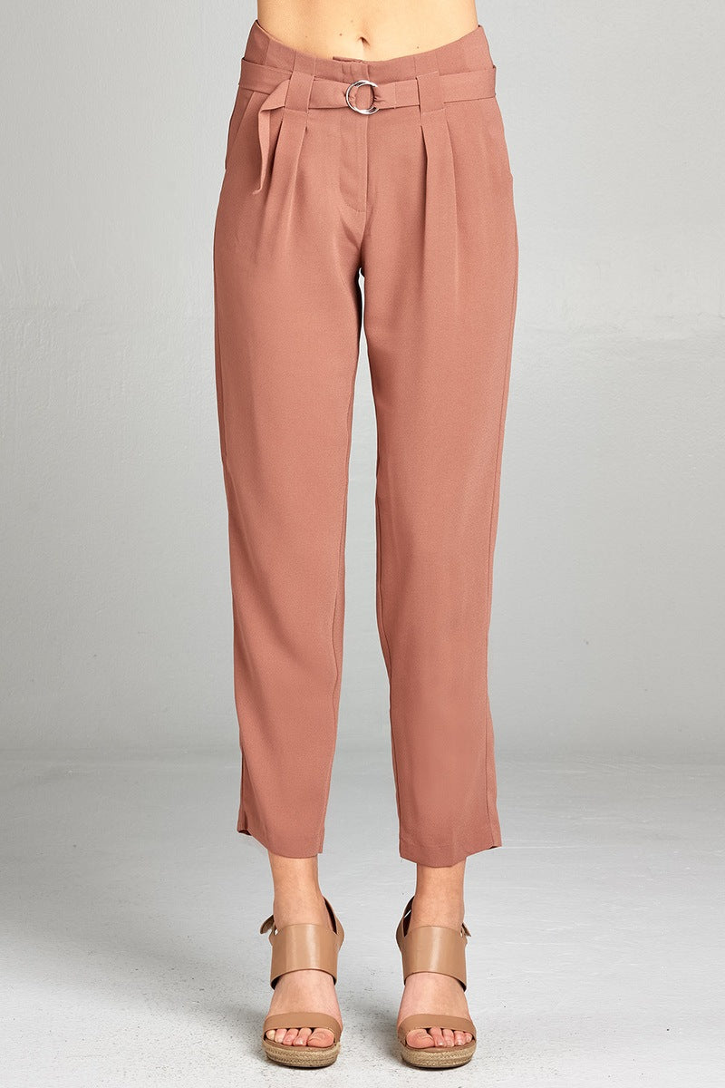 Ladies fashion high rise w/double metal trim belt long leg woven trousers