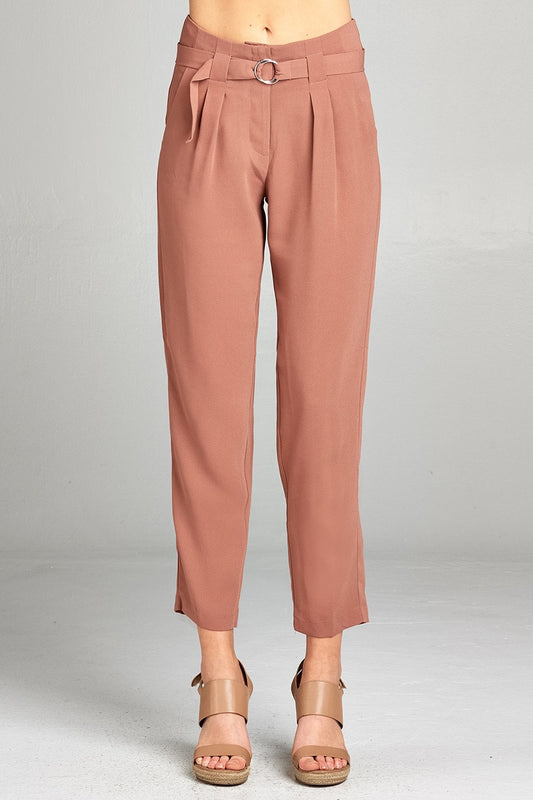 Ladies fashion high rise w/double metal trim belt long leg woven trousers