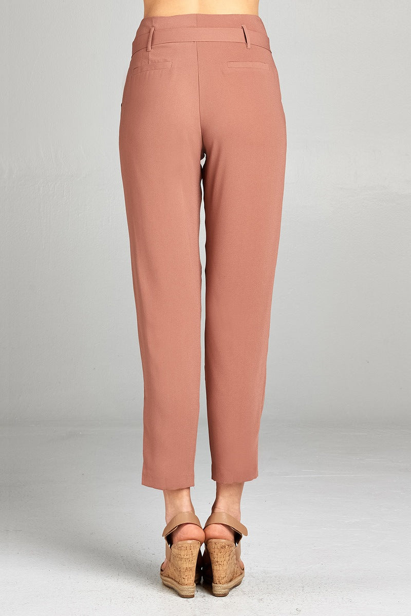 Ladies fashion high rise w/double metal trim belt long leg woven trousers