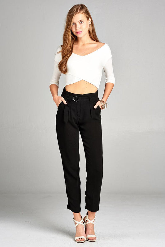 Ladies fashion high rise w/double metal trim belt long leg woven trousers
